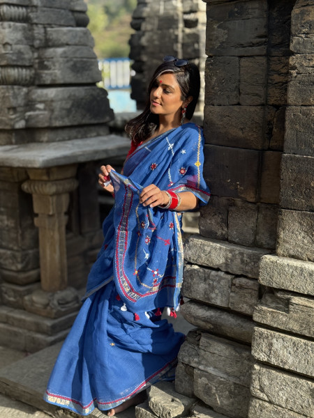 BLUE KOTA COTTON HAND EMBROIDERED SARI