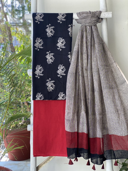 BLACK-BEIGE BLOCK PRINT LINEN DUPATTA SUIT SET