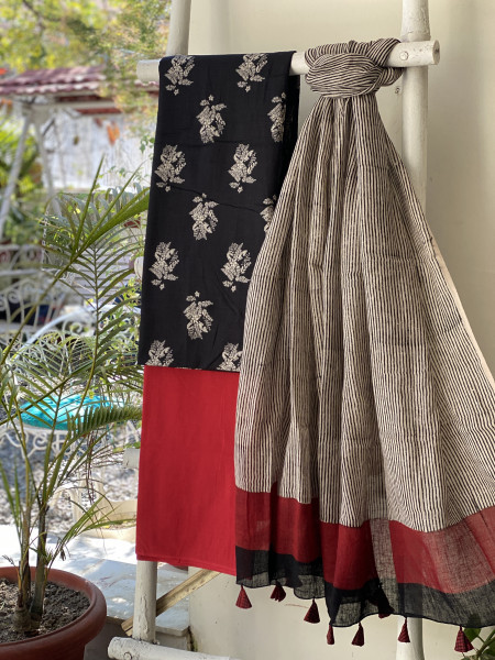BLACK-BEIGE BLOCK PRINT LINEN DUPATTA SUIT SET