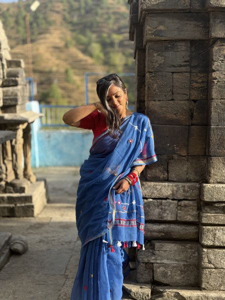 BLUE KOTA COTTON HAND EMBROIDERED SARI