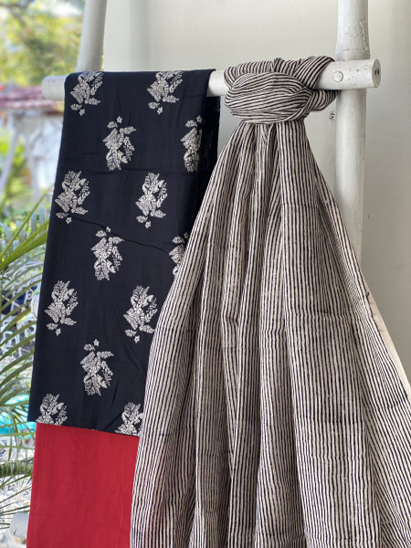 BLACK-BEIGE BLOCK PRINT LINEN DUPATTA SUIT SET