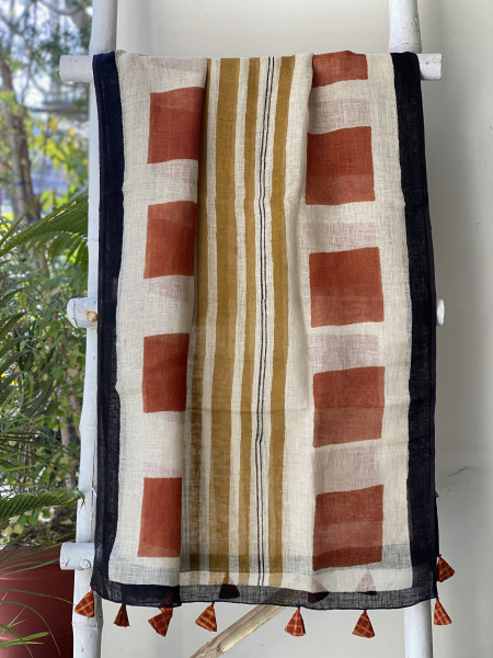 BLACK-BEIGE BLOCK PRINT LINEN DUPATTA SUIT SET