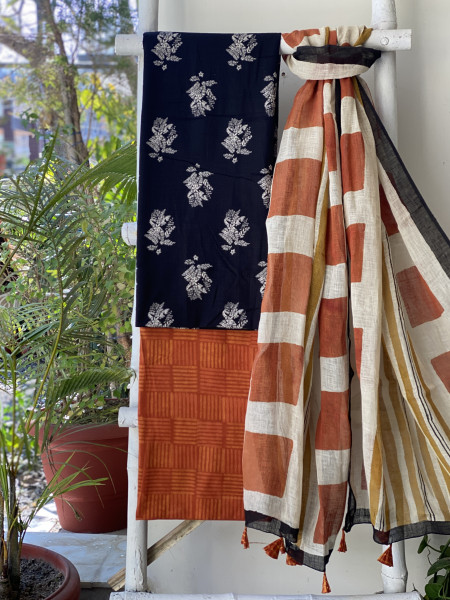 BLACK-BEIGE BLOCK PRINT LINEN DUPATTA SUIT SET