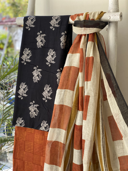BLACK-BEIGE BLOCK PRINT LINEN DUPATTA SUIT SET