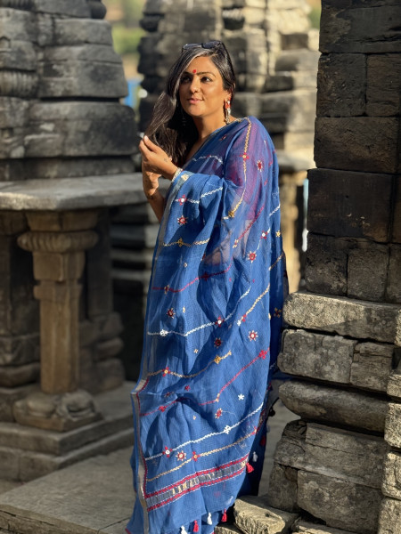 BLUE KOTA COTTON HAND EMBROIDERED SARI