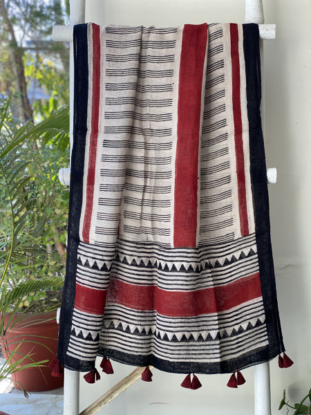 BLACK-BEIGE BLOCK PRINT LINEN DUPATTA SUIT SET