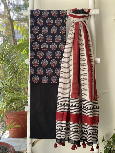 BLACK-BEIGE BLOCK PRINT LINEN DUPATTA SUIT SET