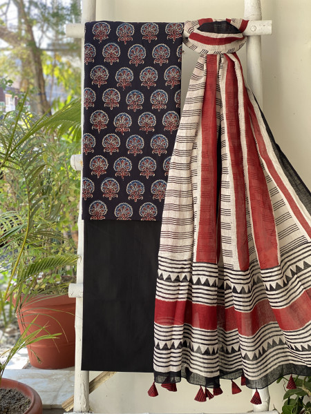 BLACK-BEIGE BLOCK PRINT LINEN DUPATTA SUIT SET