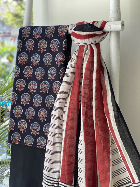 BLACK-BEIGE BLOCK PRINT LINEN DUPATTA SUIT SET