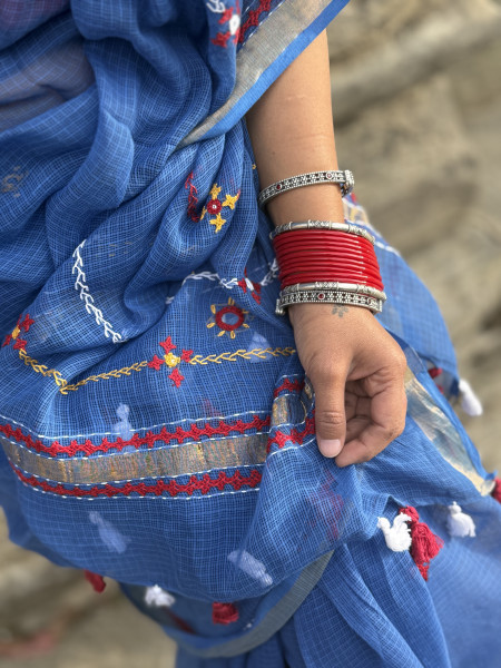 BLUE KOTA COTTON HAND EMBROIDERED SARI