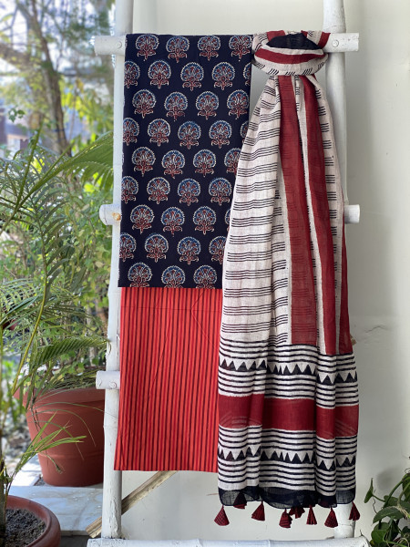 BLACK-BEIGE BLOCK PRINT LINEN DUPATTA SUIT SET