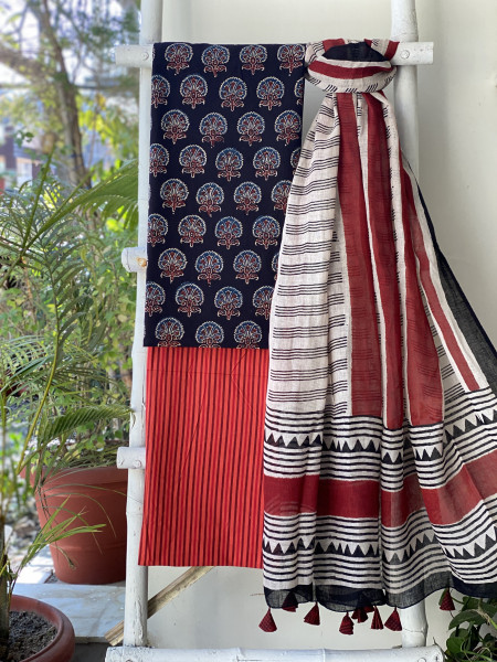 BLACK-BEIGE BLOCK PRINT LINEN DUPATTA SUIT SET