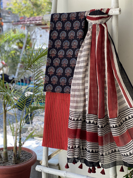 BLACK-BEIGE BLOCK PRINT LINEN DUPATTA SUIT SET
