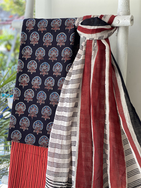 BLACK-BEIGE BLOCK PRINT LINEN DUPATTA SUIT SET