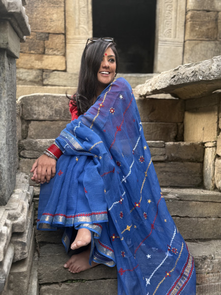 BLUE KOTA COTTON HAND EMBROIDERED SARI