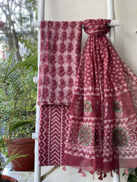 RUBY HAND BLOCK PRINT KOTA  EMBROIDERED DUPATTA SET
