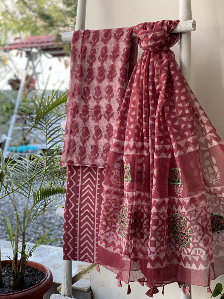 Image of RUBY HAND BLOCK PRINT KOTA  EMBROIDERED DUPATTA SET