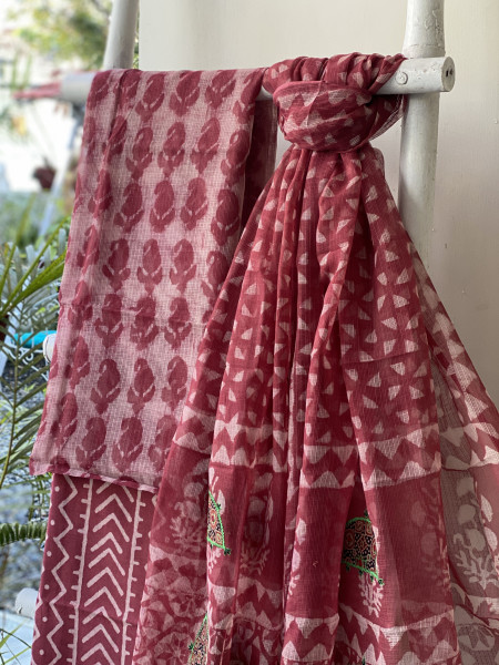 RUBY HAND BLOCK PRINT KOTA  EMBROIDERED DUPATTA SET