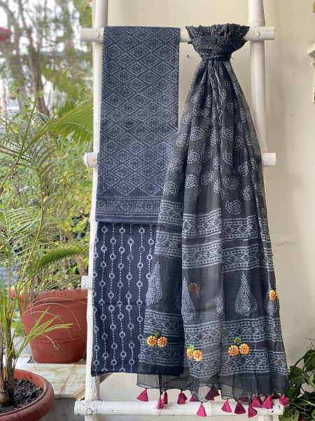GREY-BLACK HAND BLOCK PRINT KOTA  EMBROIDERED DUPATTA SET