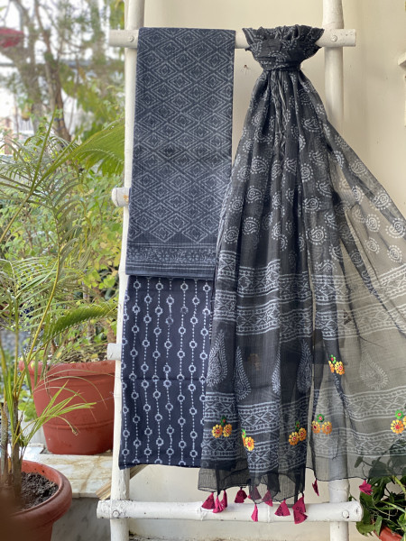 GREY-BLACK HAND BLOCK PRINT KOTA  EMBROIDERED DUPATTA SET
