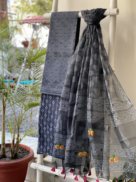 GREY-BLACK HAND BLOCK PRINT KOTA  EMBROIDERED DUPATTA SET