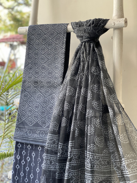 GREY-BLACK HAND BLOCK PRINT KOTA  EMBROIDERED DUPATTA SET