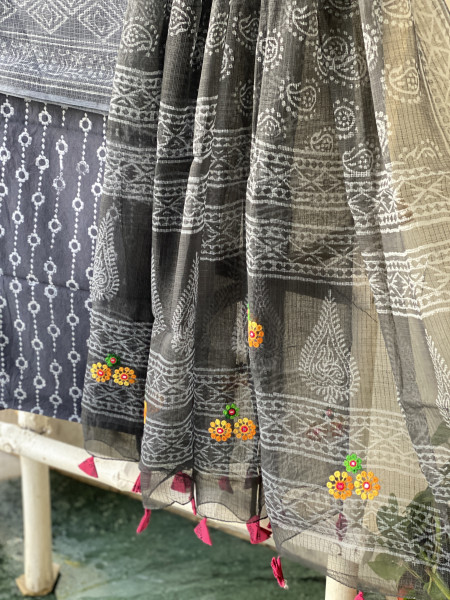 GREY-BLACK HAND BLOCK PRINT KOTA  EMBROIDERED DUPATTA SET