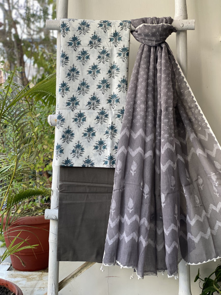 OFF WHITE-GREY COTTON BLOCK PRINT KOTA DUPATTA SET