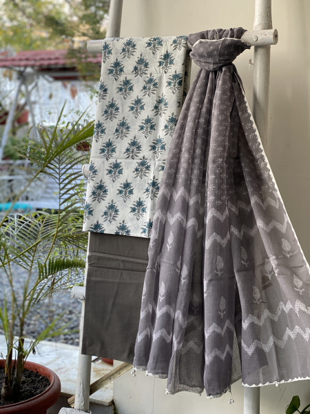 OFF WHITE-GREY COTTON BLOCK PRINT KOTA DUPATTA SET