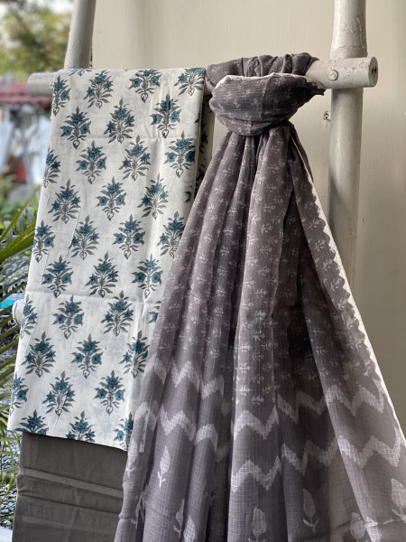 OFF WHITE-GREY COTTON BLOCK PRINT KOTA DUPATTA SET