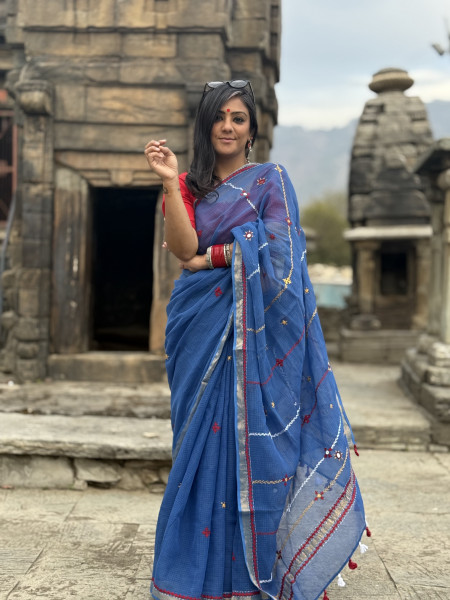 BLUE KOTA COTTON HAND EMBROIDERED SARI