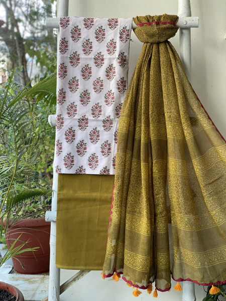 OFF WHITE-MEHNDI GREEN COTTON BLOCK PRINT KOTA DUPATTA SET