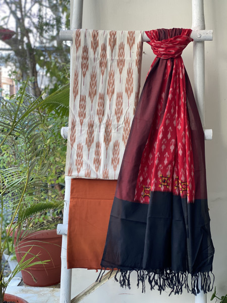 OFF WHITE & RED-BLACK  COTTON IKKAT DUPATTA SET