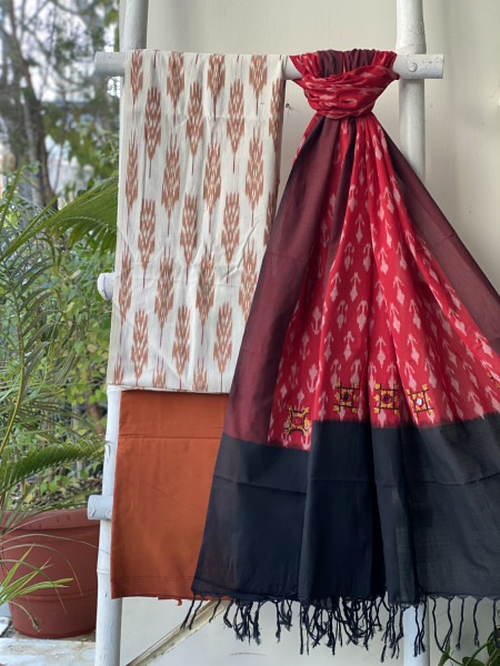 OFF WHITE & RED-BLACK  COTTON IKKAT DUPATTA SET