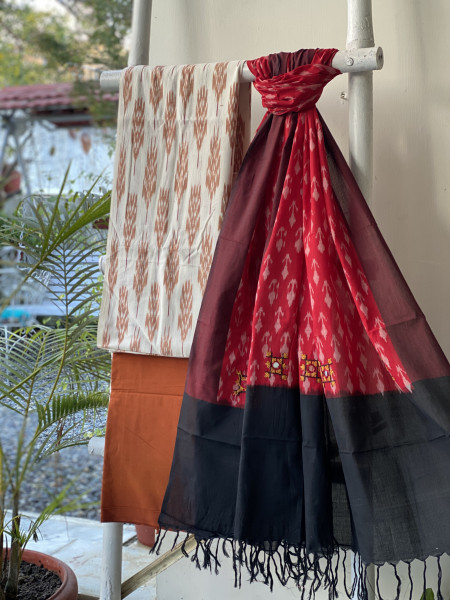 OFF WHITE & RED-BLACK  COTTON IKKAT DUPATTA SET