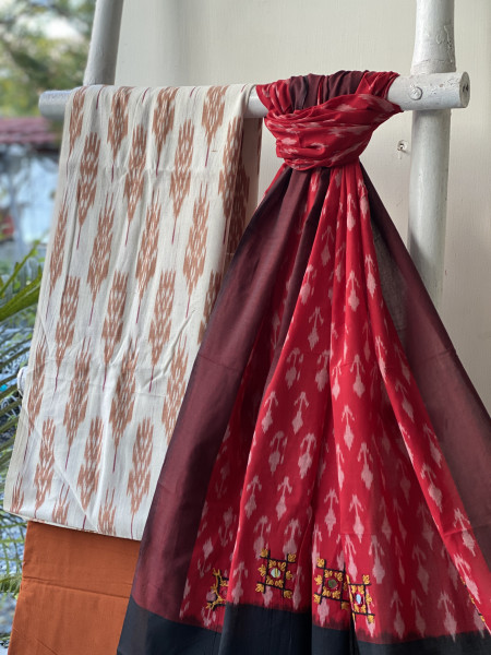 OFF WHITE & RED-BLACK  COTTON IKKAT DUPATTA SET