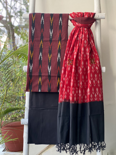 MAROON & RED-BLACK  COTTON IKKAT EMBROIDERED DUPATTA SET