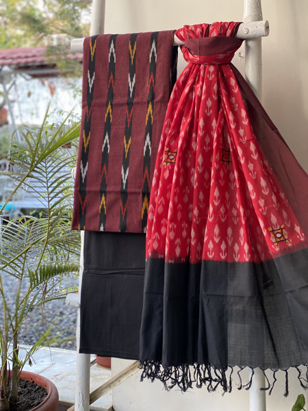 MAROON & RED-BLACK  COTTON IKKAT EMBROIDERED DUPATTA SET
