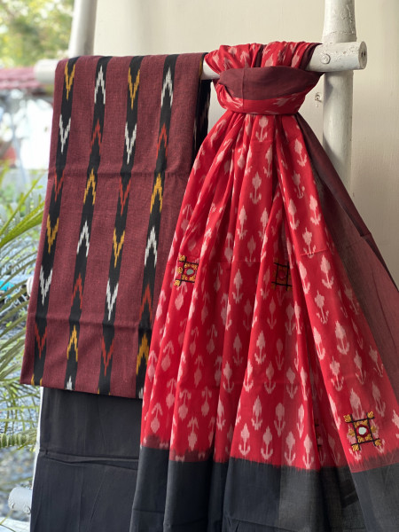 MAROON & RED-BLACK  COTTON IKKAT EMBROIDERED DUPATTA SET