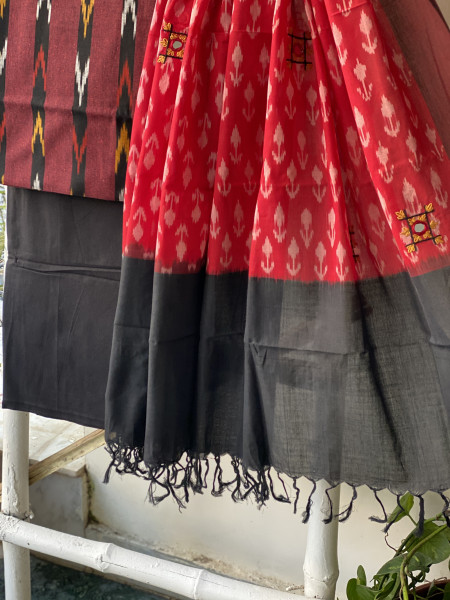 MAROON & RED-BLACK  COTTON IKKAT EMBROIDERED DUPATTA SET