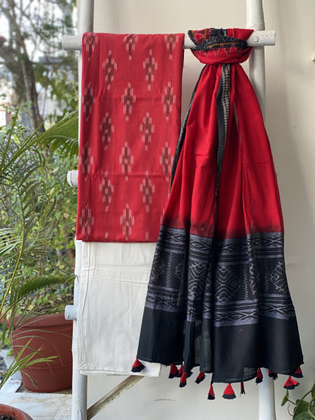 RED & RED-BLACK COTTON IKKAT DUPATTA SET