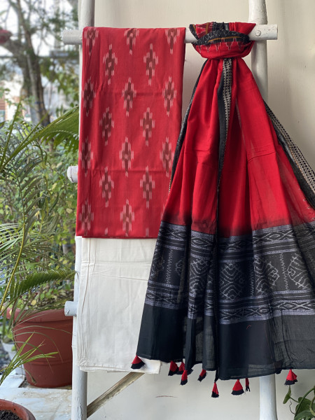 RED & RED-BLACK COTTON IKKAT DUPATTA SET