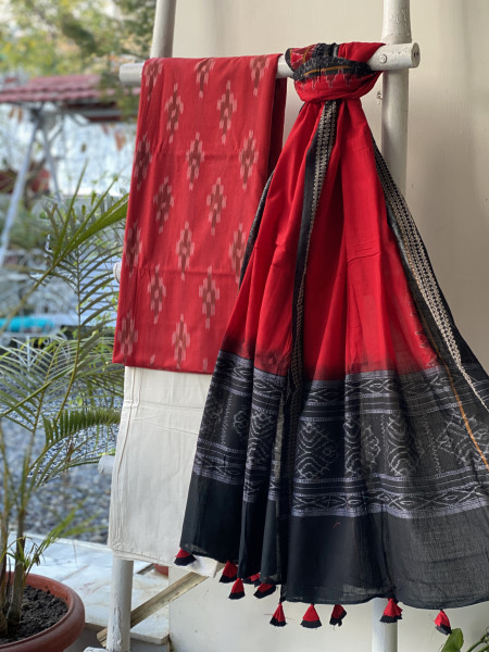 RED & RED-BLACK COTTON IKKAT DUPATTA SET