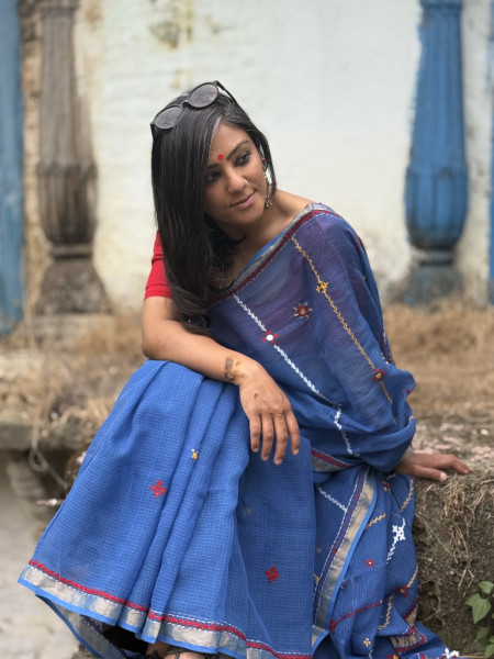 BLUE KOTA COTTON HAND EMBROIDERED SARI