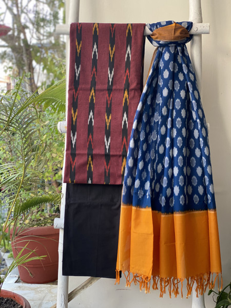 MAROON & BLUE-YELLOW COTTON IKKAT DUPATTA SET