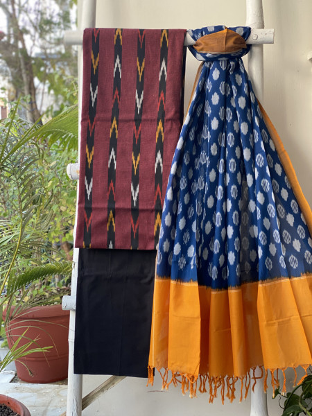 MAROON & BLUE-YELLOW COTTON IKKAT DUPATTA SET