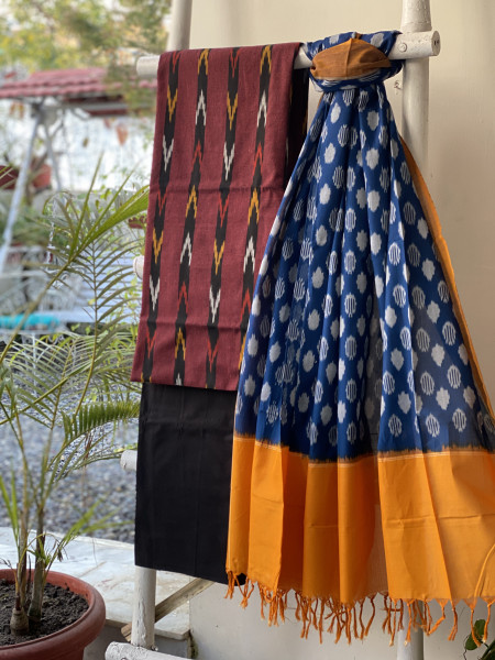 MAROON & BLUE-YELLOW COTTON IKKAT DUPATTA SET