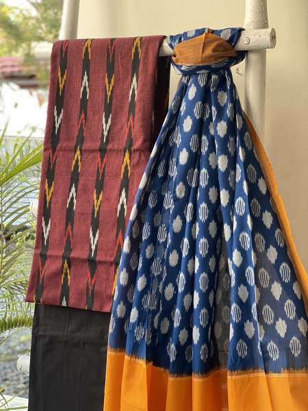 MAROON & BLUE-YELLOW COTTON IKKAT DUPATTA SET