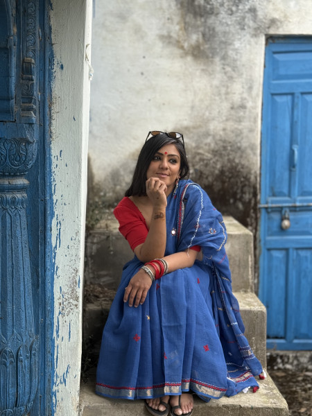 BLUE KOTA COTTON HAND EMBROIDERED SARI