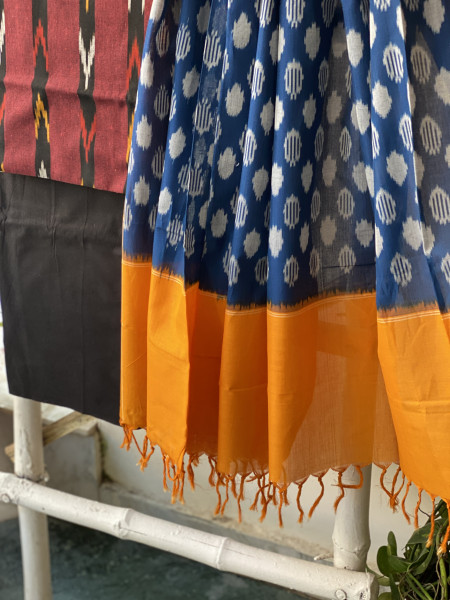 MAROON & BLUE-YELLOW COTTON IKKAT DUPATTA SET